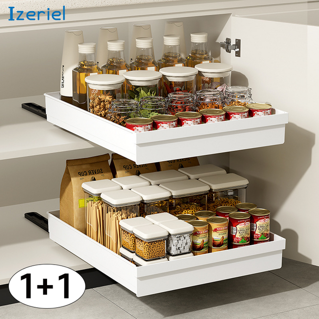 Izeriel 1+1 슬라이딩선반 주방 서랍함 무타공 슬라이딩 접척식 정리대 수납 선반 양념병 정리함 다용도 찬장 전용 스탠드 조미료 양념대, 2개, 화이트