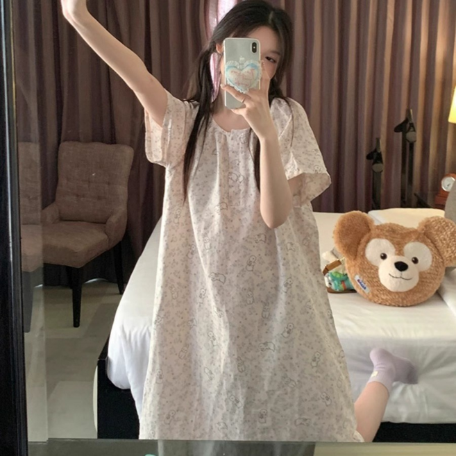 퍼미에잇 레빗 여성 홈웨어 원피스 잠옷 반팔 루즈핏 귀여운 캐릭터 파자마