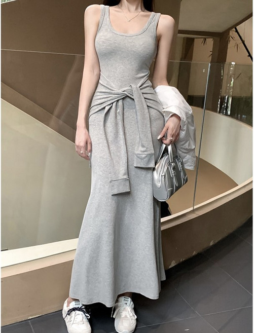 Kdragon 여성 민소매 스퀘어넥 허리 매듭 플레어 롱 원피스