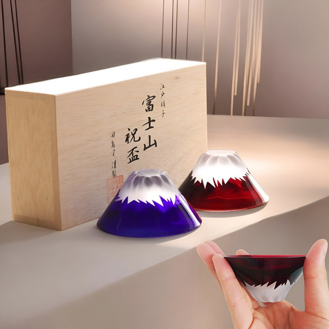 일본 타지마 글라스 후지산 블루 레드 사케 청주 소주 잔 2종세트 컵 찻잔, 2개