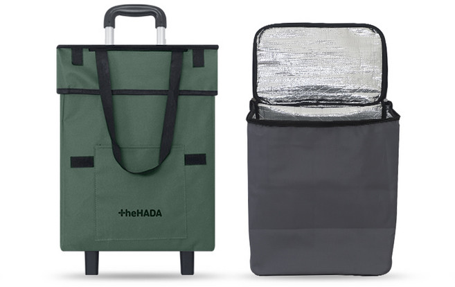 더하다 접이식 패브릭 장바구니 캐리어 쇼핑카트 휴대용 핸드카트 + 전용보냉백, 카키, 1개