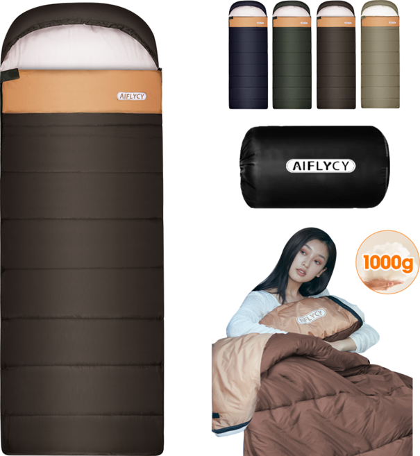 Aiflycy 머미형 사계절용 초경량 캠핑 침낭 210 x 75cm 1000g, 1개, 브라운