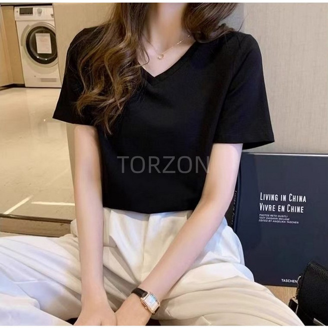 3위 - TORZON 여성 브이넥 반팔티 무지 코튼 데일리룩 간절기 레이어드 기본티