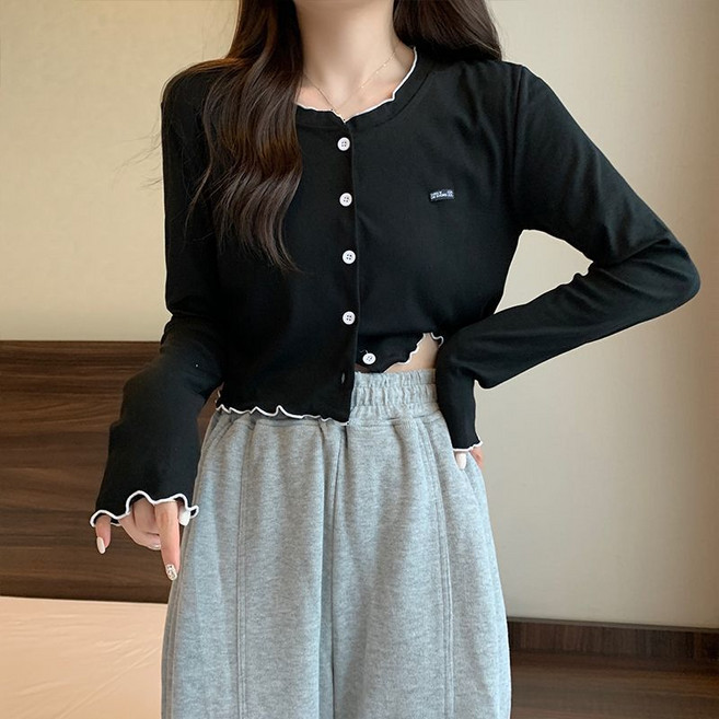 Makone 여성 프릴패츠 이너 숏 긴팔 루즈핏 가디건 심플 솔리드