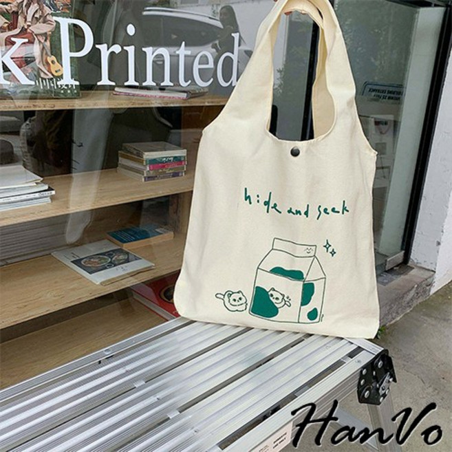 HanVo 日系奶呼呼傻眼貓咪帆布包 韓國百搭實用大容量包包 上課上班包 女生配件 C05-1072