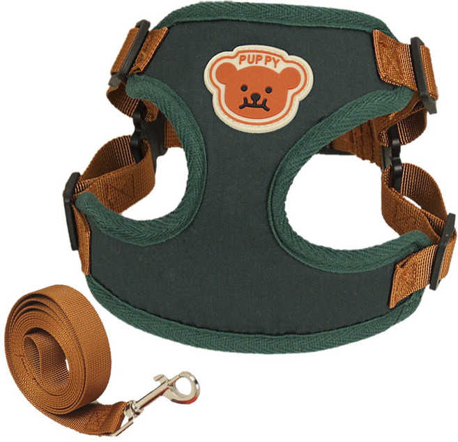 JONNEIC 조네익 강아지 원터치 하네스 고양이 애견 아웃도어 끈+리드줄 세트, 초록색