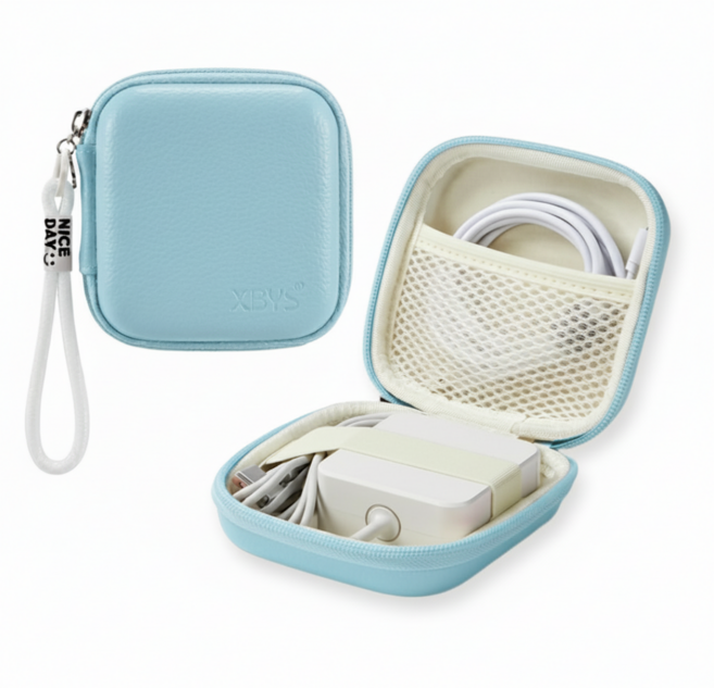 더심플러 USB 케이블 충전기 선정리 한번에! 미니 컬러 선 정리함 스트랩 손 끈 있는 핸드폰 휴대폰 충전기선 선정리 케이스 해외여행 필수품 준비물 소형 디지털 보관 파우치, 1개, 블루(스트랩)
