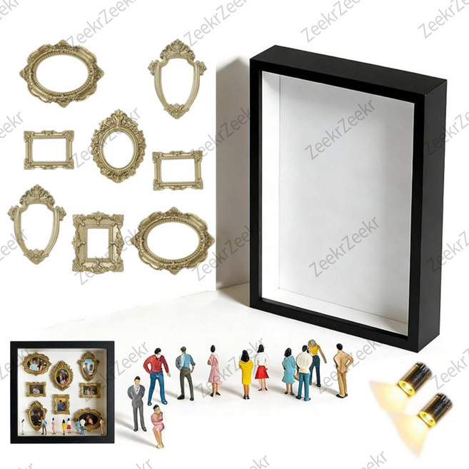 DIY 미니 뮤지엄 쉐도우박스 만들기 키트 입체 관액자 골드 프레임 미니어처 세트 기념일 집들이 선물, 검정색