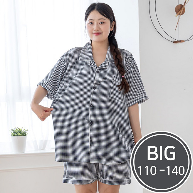 2596 남여공용 빅사이즈 아사체크 카라 반팔잠옷세트