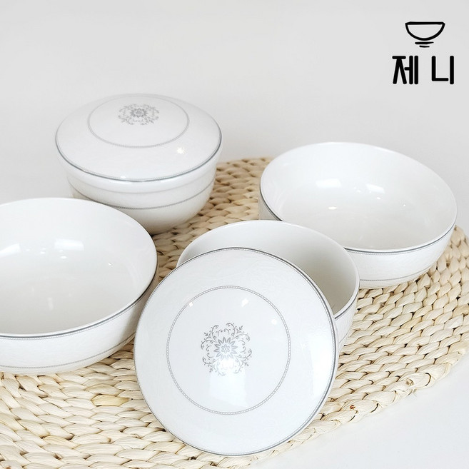 양각 꽃 도자기 반상기 세트 6pcs 제니 (한식기 공기 대접 뚜껑 제기세트 밥그릇 국그릇 도자기, 라인, 1개