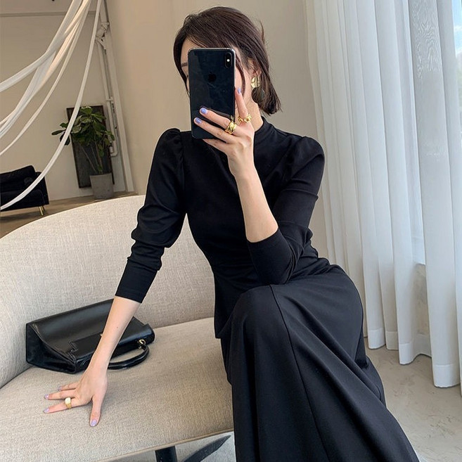 여성 하객룩 하이넥 셔링소매 롱원피스 HS