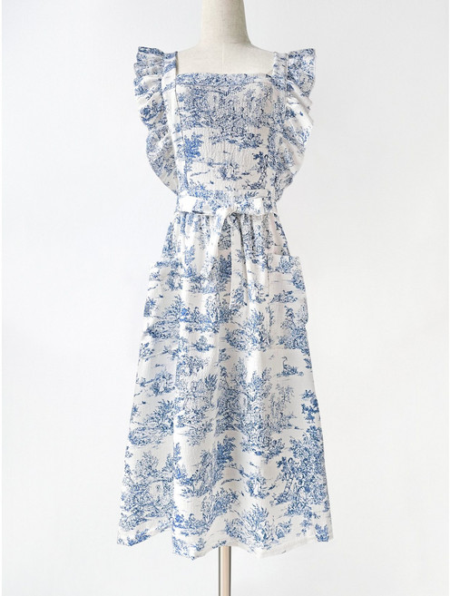 DOSYDOSY 여성용 엔틱 패턴 프릴 원피스형 앞치마 주방 꽃집 작업복, 1개, 블루