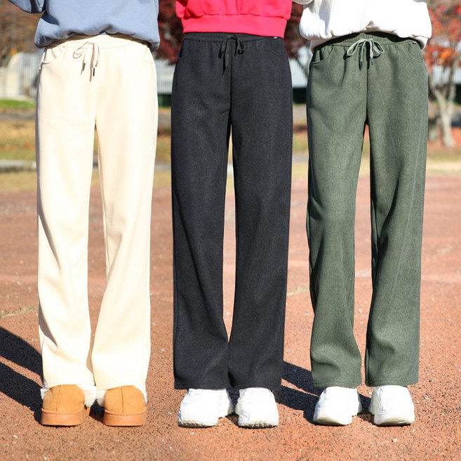 동대문스타일 여자 코듀로이 기모바지 골덴 밴딩 스판 와이드팬츠 여성 일자통 겨울팬츠