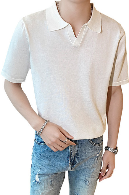 피그버니 남자 오픈 카라 반팔 니트 티셔츠