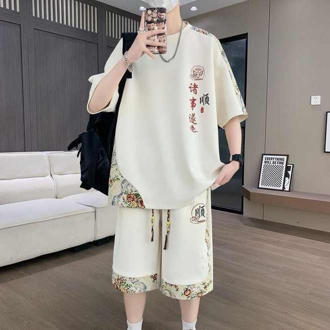 中國民族風短袖T恤五分褲休閒套裝