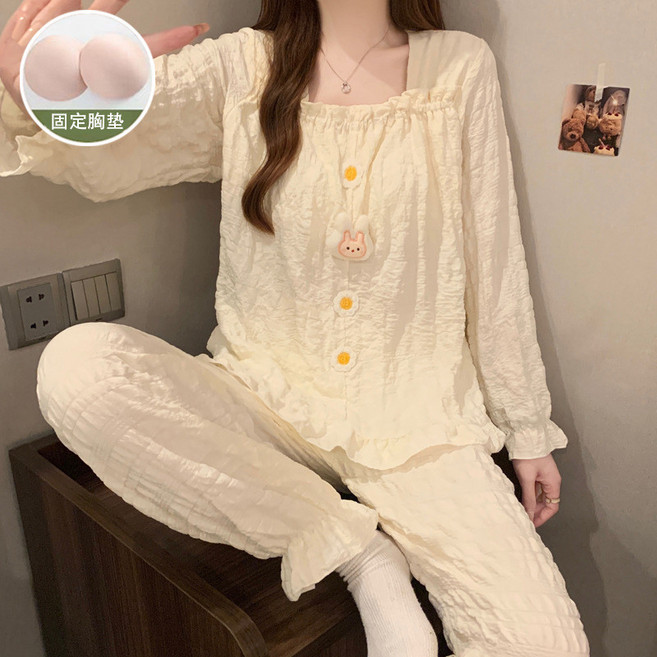 睡衣 兩件套 長袖長褲 可愛風家居服 帶胸墊 甜美少女風