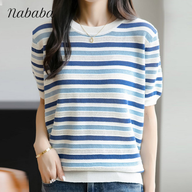 나바바 NK2986 여성 산뜻 시원한 단가라 반팔 니트티