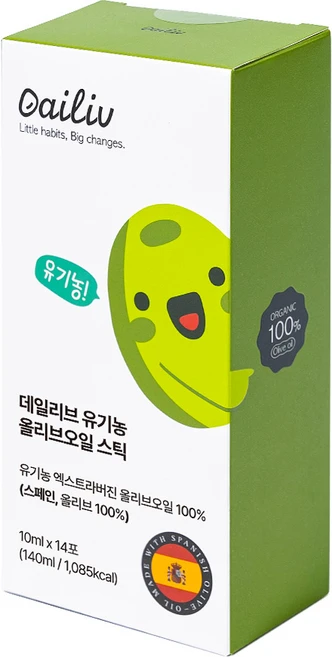 데일리브 유기농 올리브오일 100% 스틱 냉압착 엑스트라버진 올리브유 14p, 1박스, 140ml - 쿠팡