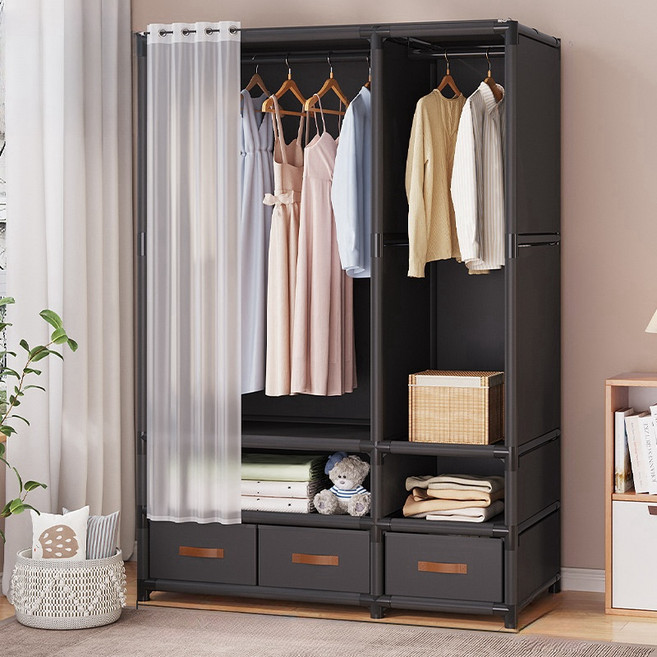 몬테리아 조립식 커튼 스텐드 행거 무볼트 가벼운 수납 옷장 선반형 비키니옷장 G518-048, 블랙