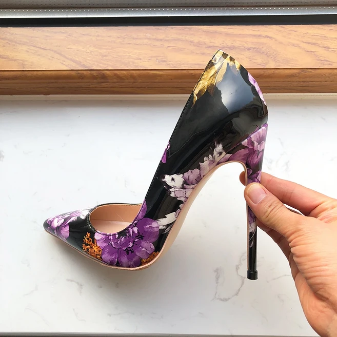 티키컵 보라색 꽃 프린트 여성 광택 특허 포인트 토 8-12cm 하이힐 신발 시크한 스틸레토 펌프 대형 사이즈, 05 45, 03 12cm Purple