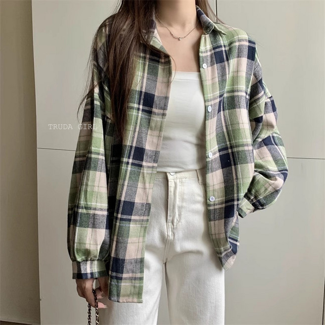 《杜達女孩》派對格紋妹仔 磨毛寬鬆秋冬長袖襯衫外套 大尺碼