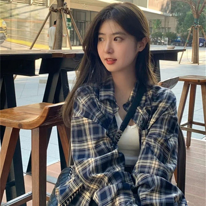 여성 루즈핏 체크 셔츠 이너용 롱소매 기본템