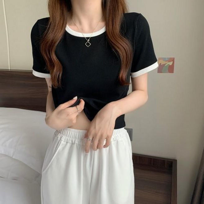 Ladyshare 韓版拼色短版短袖T恤
