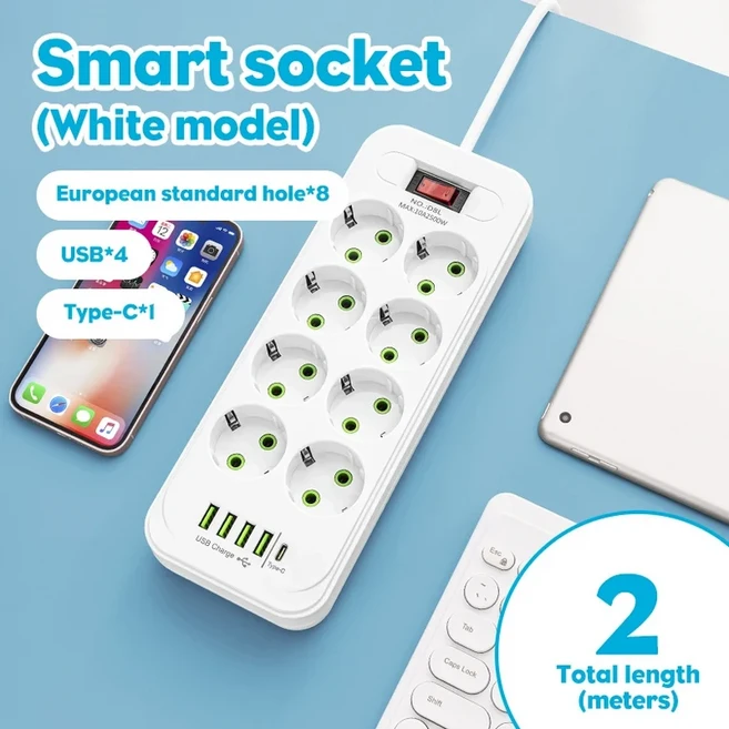 8개의 AC 콘센트가 있는 EU 벽 소켓 확장기 4개의 USB 1 Type-C EU 플러그 충전기 On/Off 가정용 2M용 전원, 01 D8L White 2M, 1개
