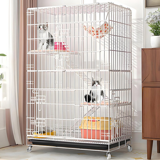시스슈 고양이 대형 접이식 다층 빌라 하우스 반려동물 철창 케이지 휠 이동식, 1개, 흰색