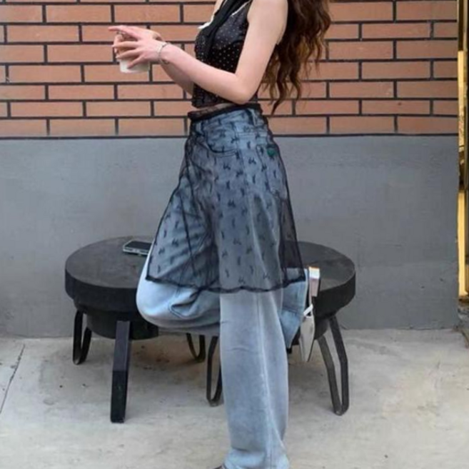 레이어드랩스커트 리본 시스루 레이스 랩 스커트 레이어드스커트