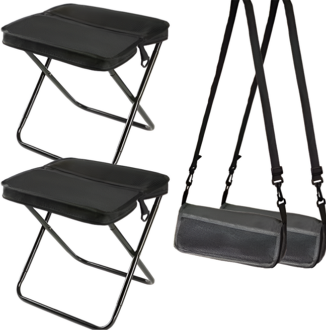 AURRA 1+1 휴대용 의자 접이식 초경량 대형 크로스백 휴대용 간이의자 파우치팩 캠핑 의자 낚시 의자, 2개, 검정색