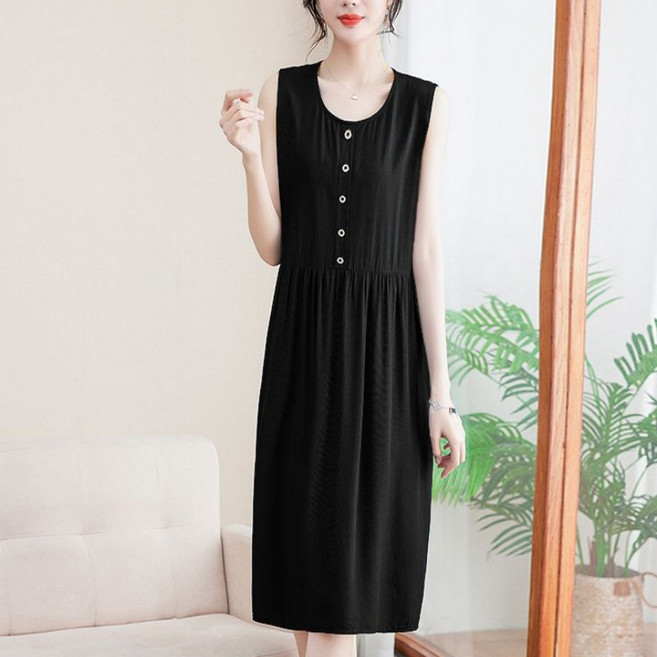 Makone 여성 라운드넥 민소매 중년 엄마옷 루즈핏 포켓 외착 심플 솔리드 데일리 미디 원피스