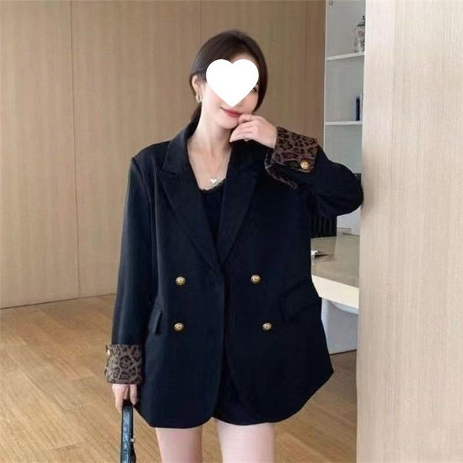 【豹紋拼接】小西裝 西裝外套 西服 女西裝 外套 寬鬆休閒 氣質時尚 黑色百搭 通勤約會必備