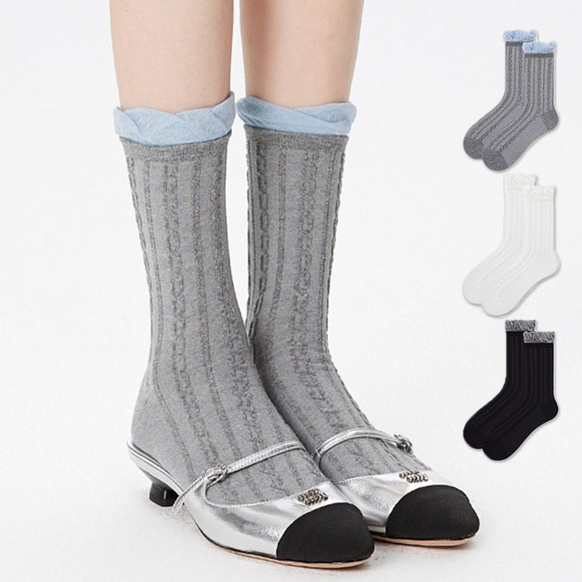 Paipaidx 순면 여성 미들 스타킹 꽈배기 짜임으로 착용감이 좋아 봄여름 3켤레