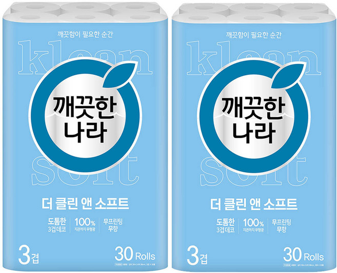 깨끗한나라 3겹 더 클린 앤 소프트 화장지, 30m, 30개입, 2세트