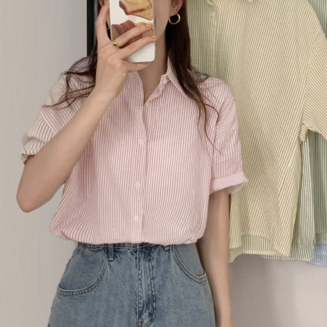 반팔 스트라이프 여성 남방 단가라 카라 셔츠 데일리