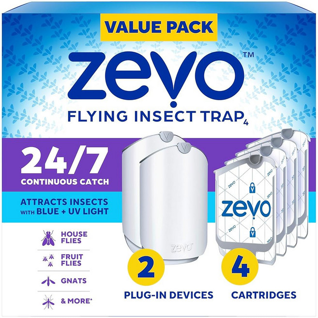 Zevo 플라잉 곤충 트랩 2개와 리필 카트리지 2개 블루 파리 UV 및 실내 집파리 기술 벌레 및 - 대안 잡동사니 과일파리 벌레잡이 라이트 및 트랩 없는 플러그인 날벌레, 2 Devices & 4 Cartridges