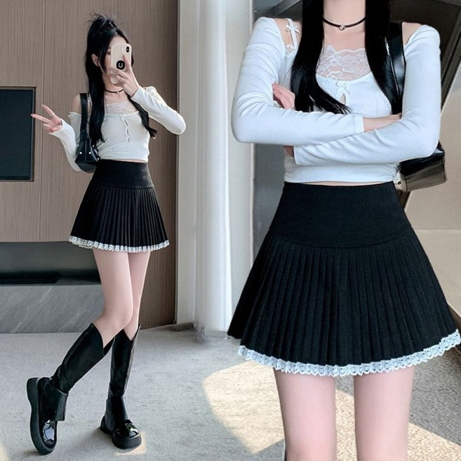 大尺碼胖mm設計感高腰毛呢百褶A字短裙女春秋