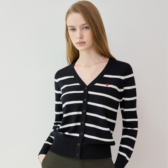 라파클럽 여성 브이넥 스트라이프 니트 가디건