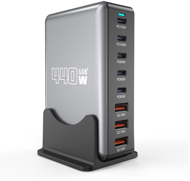 SorJar 440W GaN 고속멀티충전기 8포트 PD100W QC3.0 USB C 동시충전 노트북 아이폰 갤럭시 다기능 충전기, 1개, 블랙