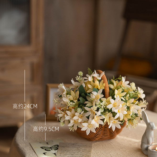 手工草編花籃 田園風客廳裝飾擺件插花籃, 1件, 韓式雪花小百合黃色和23CM 手提橢圓花籃:1