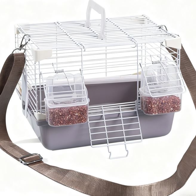迷你兩用 附站杆 食盒 輕巧便攜鳥籠, 背帶式外出籠（灰色）, 1個