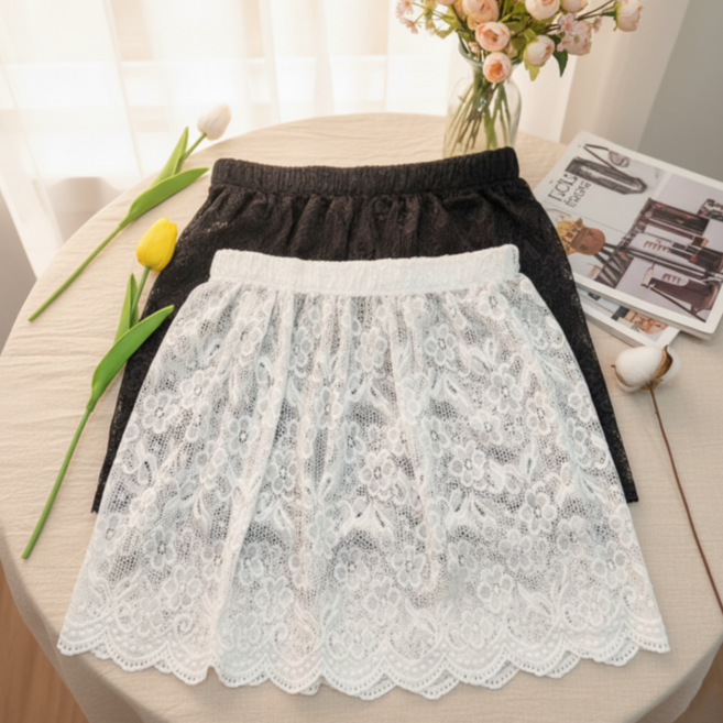 고급 플라워 레이스 시스루 레이어드 힙커버 스커트 2종 세트