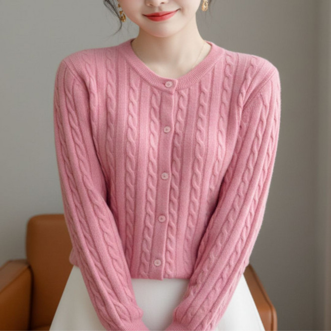 YEON HOME 여성 꽈배기 니트 라운드 가디건 데일리