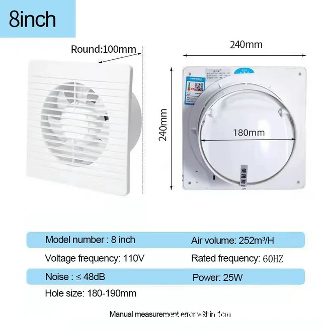4/6 인치 배기 팬 에너지 절약형 벽걸이 형 환기 모기 방지 디자인 추출기 욕실 주방용, 01 EU, 03 8 inch