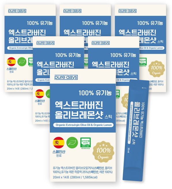 퓨어데이즈 100% 유기농 올레샷 엑스트라버진 올리브오일 레몬즙 스틱, 84개, 20ml