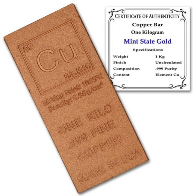 MINT STATE GOLD 1킬로 구리 바 플랫 스타일 .999 주기율표 요소 디자인 순수 덩어리, 1 Kilo