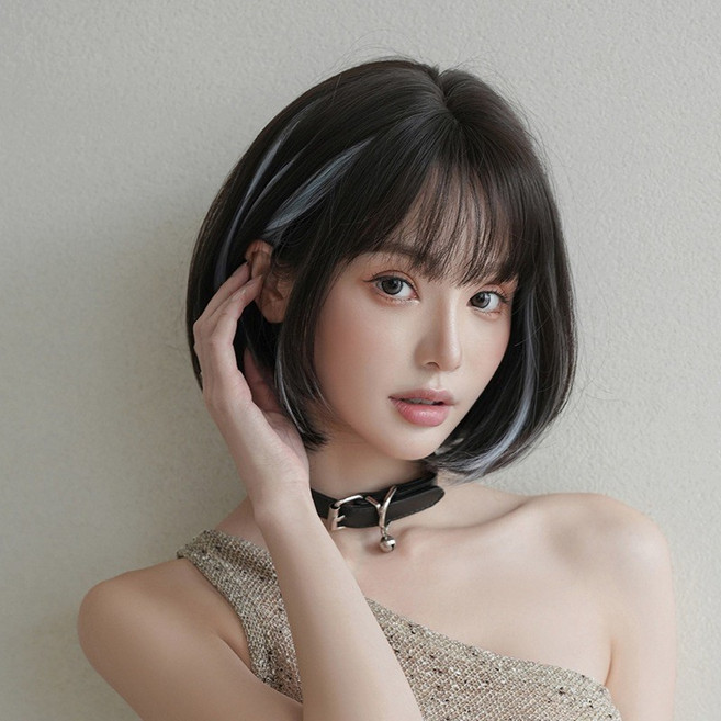 女生短髮黑色藍線條染自然假髮, 1個, 假髮+髮網