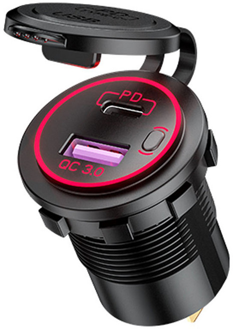 12V 24V QC3.0 USB 유형 C PD 고속 자동차 충전기 오토바이 해양 보트 SUV ATV 휴대폰 태블릿 GPS 용 전원 스위치, 빨간색, 1개