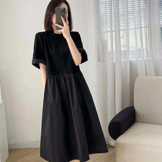 赫本風連衣裙 韓版連衣裙 小眾連衣裙 短袖連衣裙 黑色寬鬆大碼 夏季新款 通勤約會度假 A字裙, 黑色